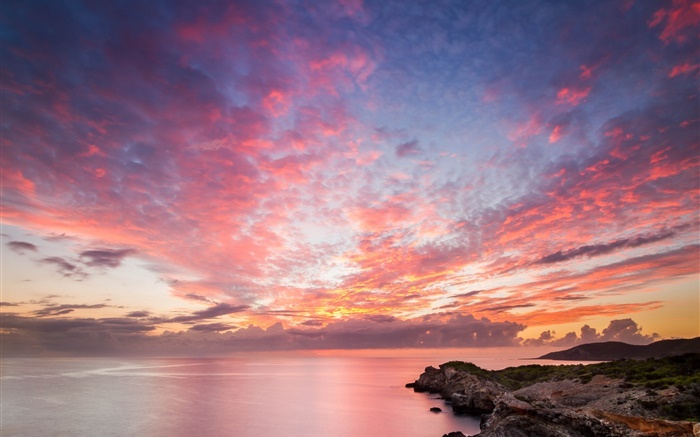 Océano, costa, rocas, puesta del sol, cielo rojo, hermoso paisaje Fondos de pantalla, imagen