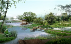 Vistas al parque, lago, patos, árboles, pabellón, hierba, pájaros, 3d imágenes HD fondos de pantalla