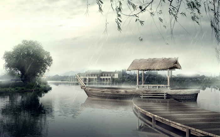 Embarcadero, barco, río, árboles, día lluvioso, diseño 3D Fondos de pantalla, imagen