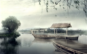 Embarcadero, barco, río, árboles, día lluvioso, diseño 3D HD fondos de pantalla
