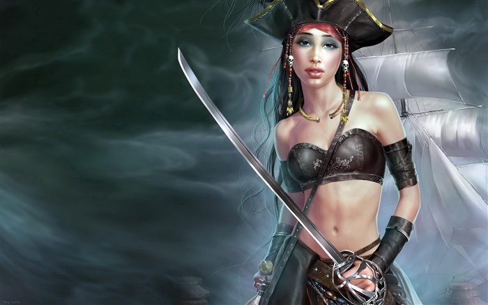 La muchacha del pirata, nave, arte de la fantasía Fondos de pantalla, imagen