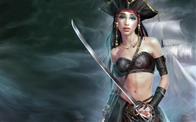 La muchacha del pirata, nave, arte de la fantasía HD fondos de pantalla