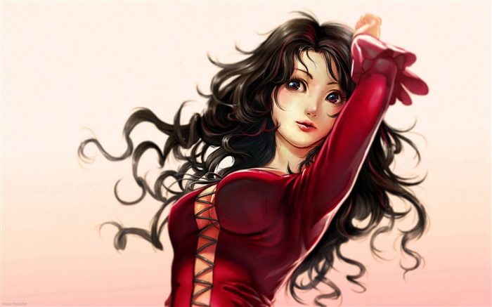 Rojo traje de fantasía niña, pelo rizado Fondos de pantalla, imagen