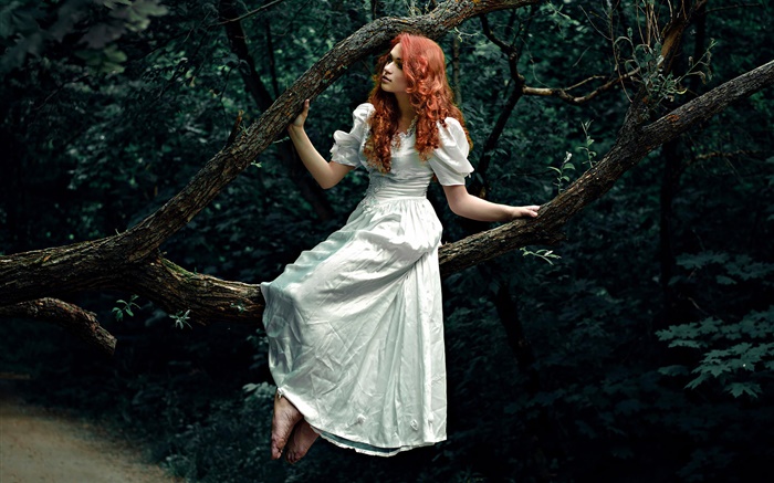 Chica de pelo rojo, vestido blanco, bosque, árbol Fondos de pantalla, imagen