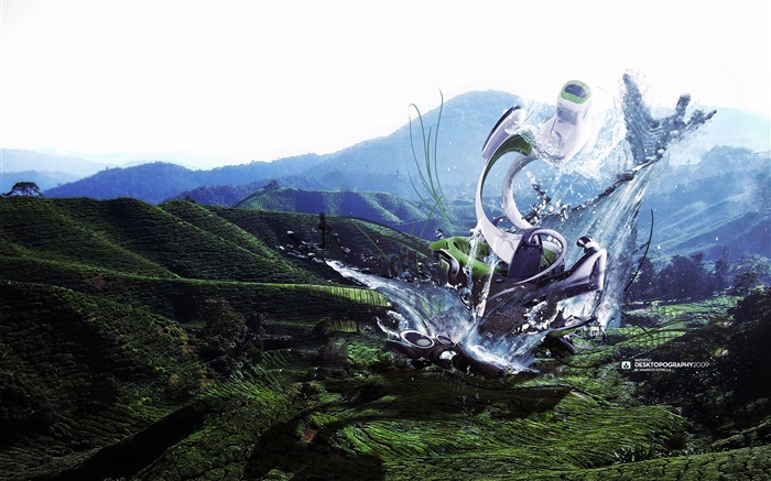 monstruo robot, salpicaduras de agua, montañas, imágenes creativas de diseño Fondos de pantalla, imagen