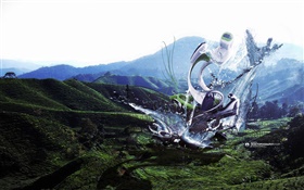 monstruo robot, salpicaduras de agua, montañas, imágenes creativas de diseño HD fondos de pantalla