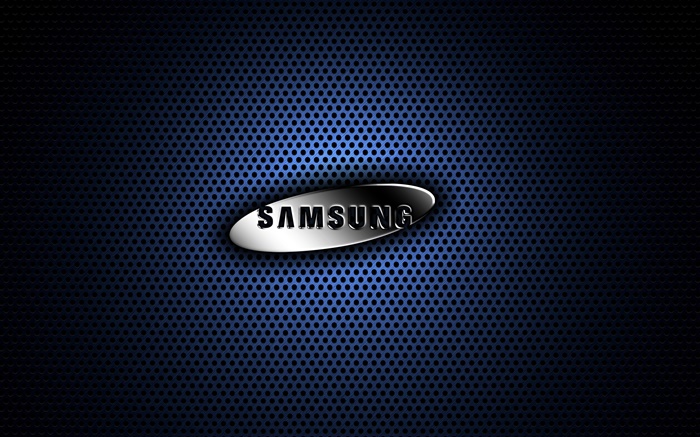 Samsung logotipo de metal, fondo azul Fondos de pantalla, imagen