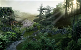 Camino de piedra en el parque, los árboles, los rayos del sol, 3d diseño HD fondos de pantalla