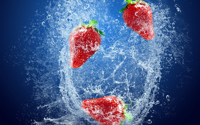 Las fresas, bayas rojas, salpicaduras de agua, burbujas Fondos de pantalla, imagen