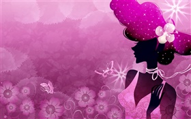 Verano, fondo púrpura, vector chica, sol, flores, mariposas