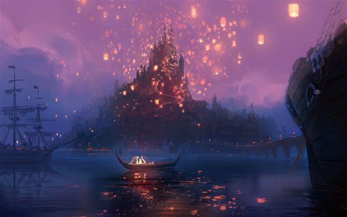 Enredado, Rapunzel, río, barco, noche, luces, película de dibujos animados, el arte Fondos de pantalla, imagen