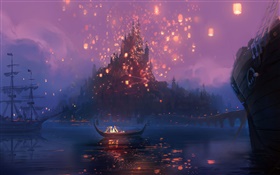 Enredado, Rapunzel, río, barco, noche, luces, película de dibujos animados, el arte HD fondos de pantalla