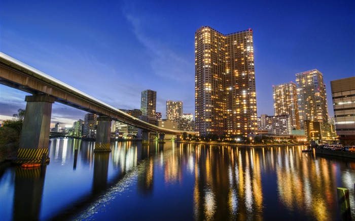Tokio, Japón, ciudad, noche, bahía, el agua reflexión, rascacielos, luces Fondos de pantalla, imagen