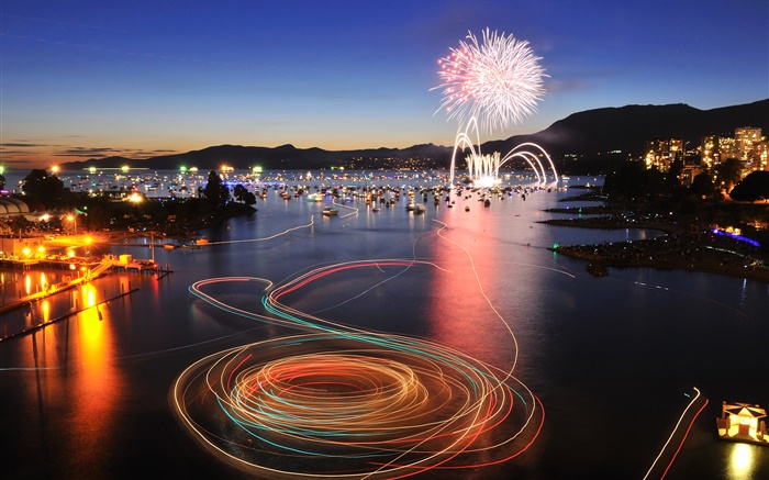 Vancouver, Columbia Británica, Canadá, Inglés Bay, noche, fuegos artificiales, barcos Fondos de pantalla, imagen