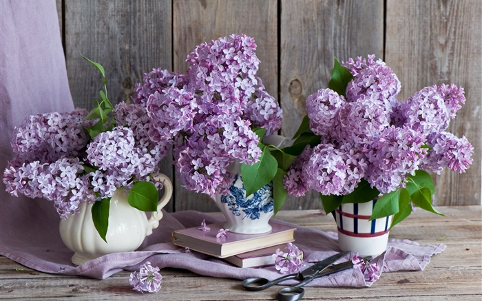 Florero, lila, flores púrpuras, libros, tijeras Fondos de pantalla, imagen