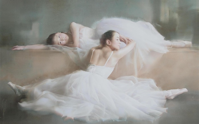 Pintura de la acuarela, ballet, muchachas del bailarín, vestido de blanco Fondos de pantalla, imagen