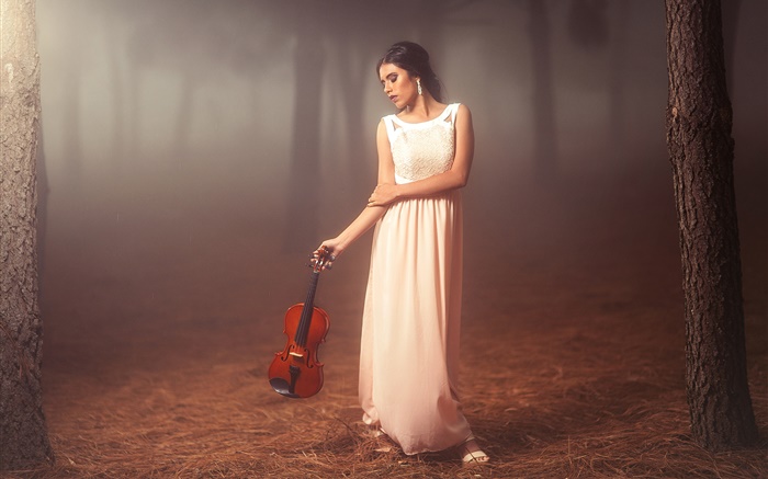 niña de vestido blanco en el bosque, el violín, el estado de ánimo Fondos de pantalla, imagen
