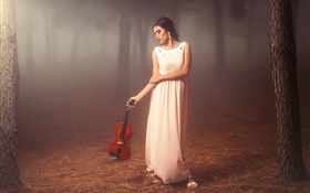 niña de vestido blanco en el bosque, el violín, el estado de ánimo HD fondos de pantalla