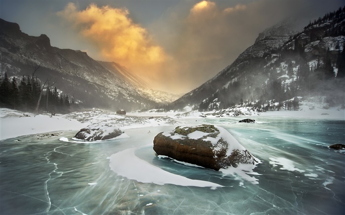 Invierno, nieve, montañas, lago, paisaje de la naturaleza Fondos de pantalla, imagen