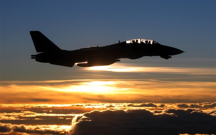 Avión en la puesta del sol, luchador, nubes, cielo Fondos de pantalla, imagen