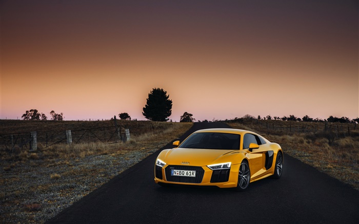Audi R8 V10 superdeportivo amarillo, atardecer Fondos de pantalla, imagen