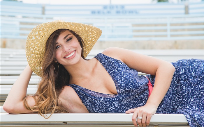 niña de vestido azul sonrisa, sombrero, verano Fondos de pantalla, imagen