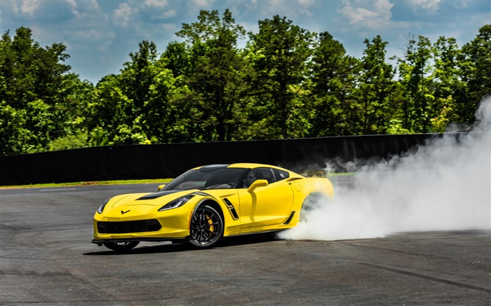 Chevrolet Corvette Stingray Coupe C7 superdeportivo amarillo, humo Fondos de pantalla, imagen
