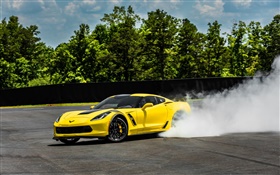 Chevrolet Corvette Stingray Coupe C7 superdeportivo amarillo, humo HD fondos de pantalla
