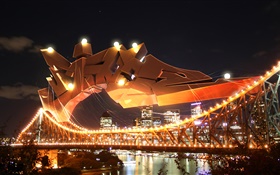 Puente de la ciudad de noche, luces, río