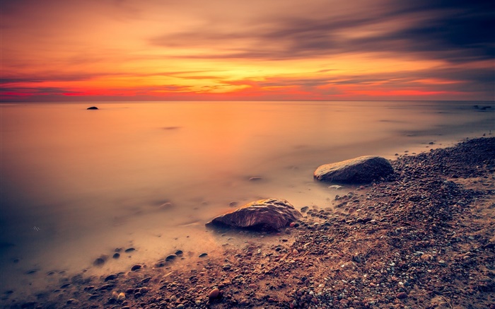Costa, mar, playa, cielo rojo, nubes, puesta del sol Fondos de pantalla, imagen
