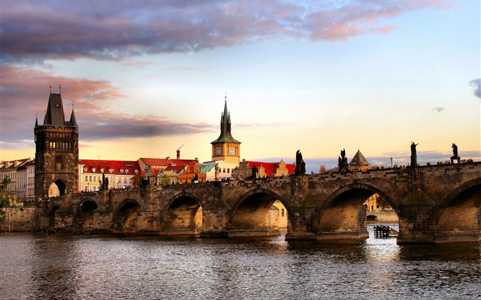 República Checa, Praga, ciudad, puente, río, casas Fondos de pantalla, imagen