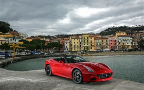 Ferrari California supercar rojo, casas, nubes HD fondos de pantalla