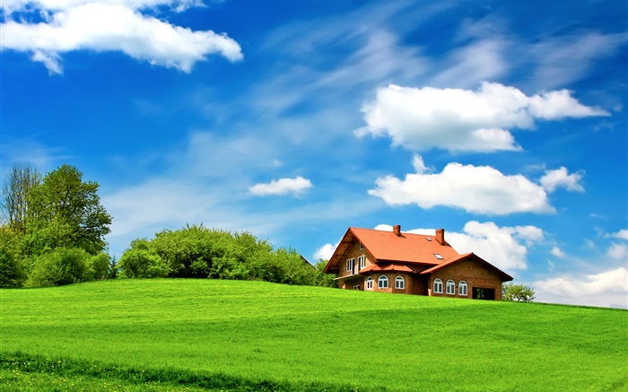 hierba, árboles, casa, nubes, cielo azul verde Fondos de pantalla, imagen
