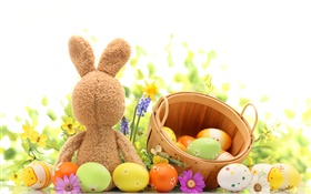 Pascua feliz, huevos de colores, decoración, tulipanes, juguete del conejo HD fondos de pantalla