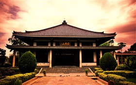 Japón, templo, nubes, oscuridad