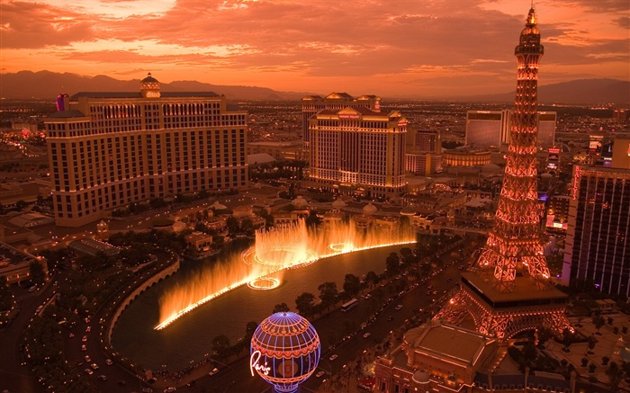 Las Vegas, ciudad, fuente, luz, torre, casas Fondos de pantalla, imagen
