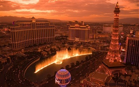 Las Vegas, ciudad, fuente, luz, torre, casas HD fondos de pantalla