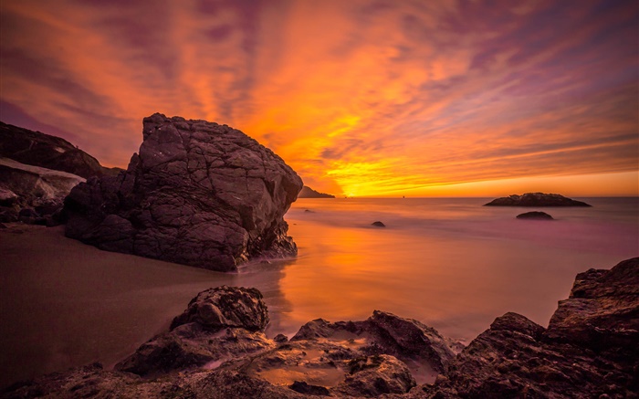 Mar puesta de sol, costa, rocas, nubes, cielo rojo Fondos de pantalla, imagen