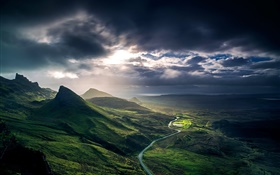 Escocia, Gran Bretaña, montañas, nubes, colinas, río HD fondos de pantalla