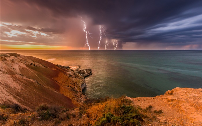 Australia del Sur, tormenta, nubes, rayos, mar, costa Fondos de pantalla, imagen