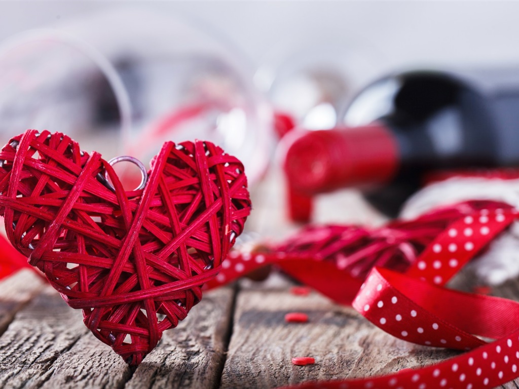Día de San Valentín, corazón rojo del amor, el vino, romántico 1024x768 Fondos de pantalla