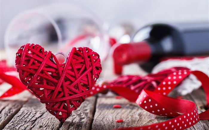 Día de San Valentín, corazón rojo del amor, el vino, romántico Fondos de pantalla, imagen