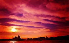 Venecia, Italia, río, puesta del sol, cielo rojo HD fondos de pantalla