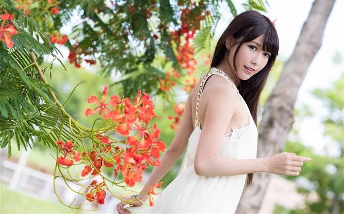 vestido blanco Asia chica, flores, verano Fondos de pantalla, imagen