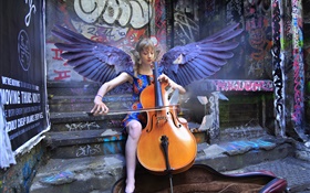Ángel juego cello chica, alas HD fondos de pantalla