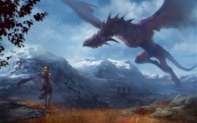 pintura del arte, la fantasía y la chica dragón, alas HD fondos de pantalla