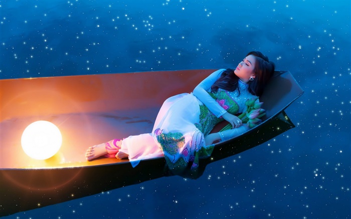 Sueño de la niña asiática en barco en la noche Fondos de pantalla, imagen