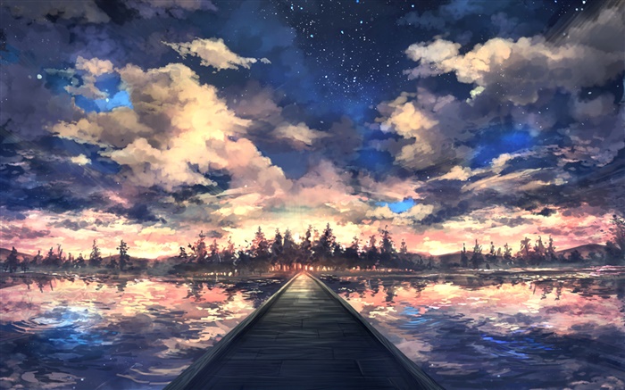 Puente, río, árboles, cielo, nubes, puesta del sol, el dibujo del arte Fondos de pantalla, imagen