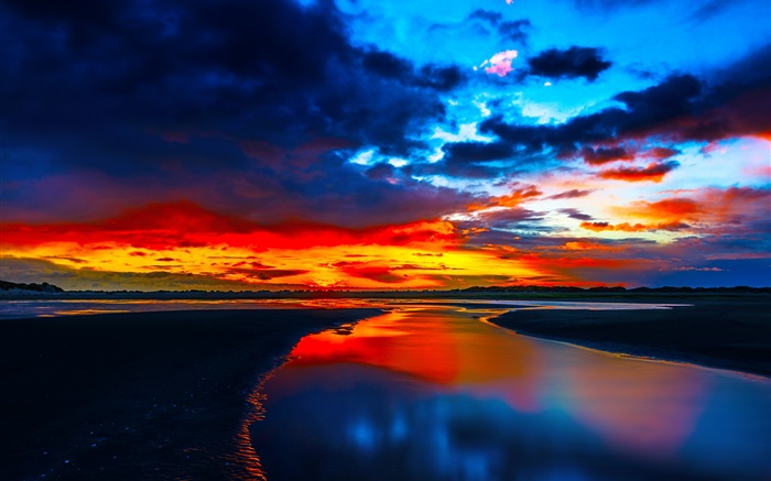 Costa de la puesta del sol, mar, brillo, nubes, oscuridad Fondos de pantalla, imagen