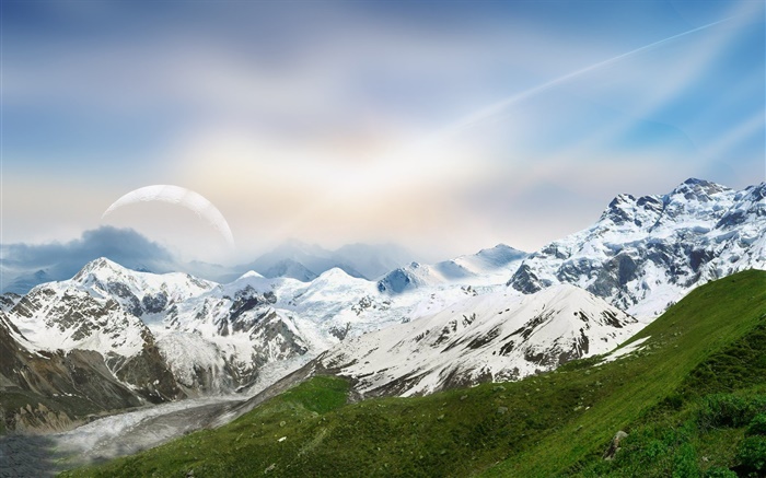 Dreamy World, montañas, nieve, río, planeta Fondos de pantalla, imagen